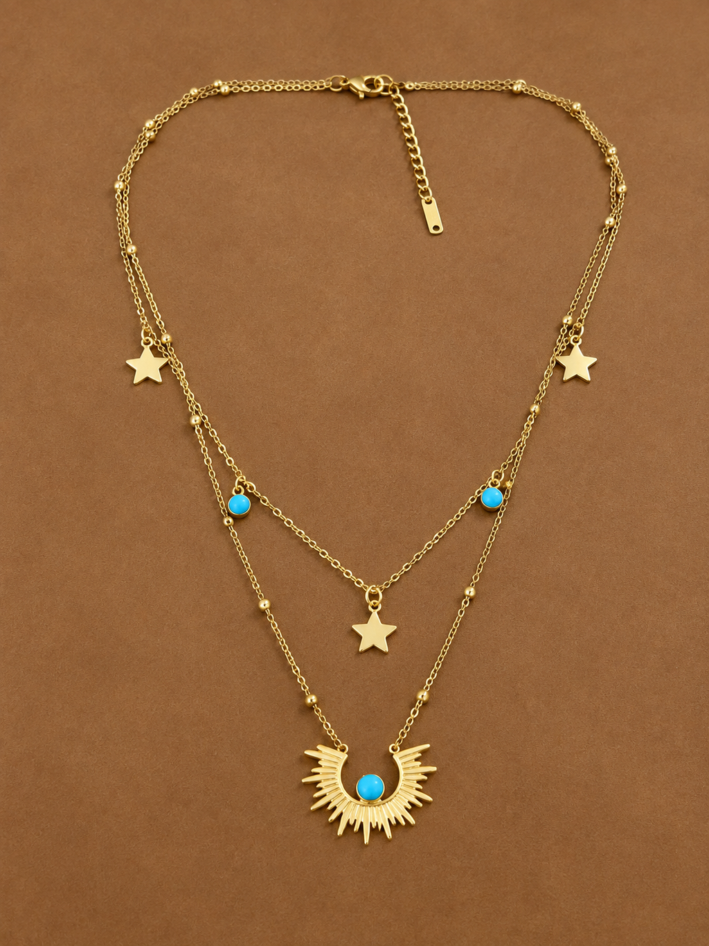 Collier Double Chaîne Soleil & Étoiles Doré