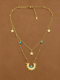 Collier Double Chaîne Soleil & Étoiles Doré