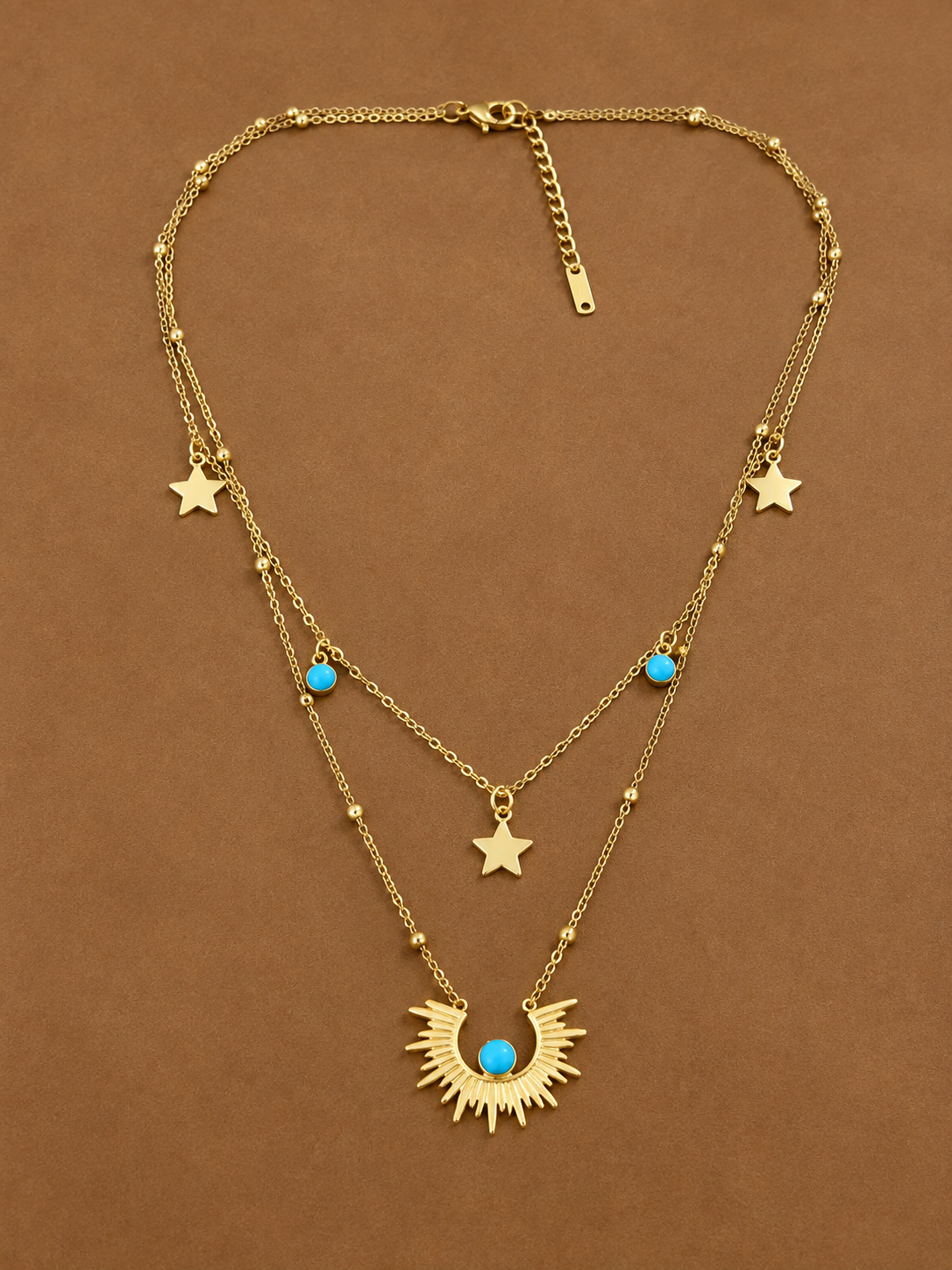 Collier Double Chaîne Soleil & Étoiles Doré