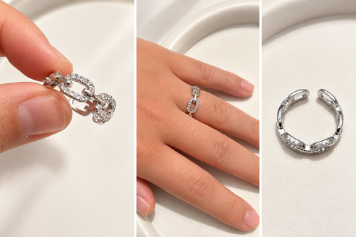 Bague Argentée à Maillons et Pierres Brillantes Femme