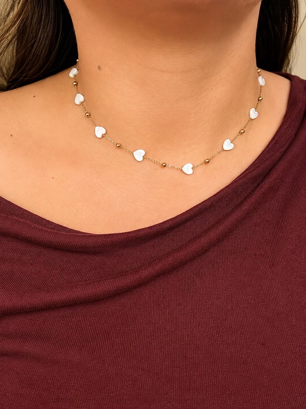 Ensemble collier & bracelet cœurs nacrés dorés