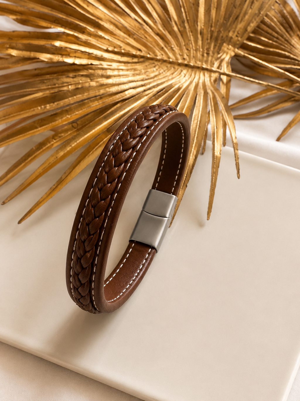 Bracelet souple en cuir de vachette tressé fermoir en acier inoxydable