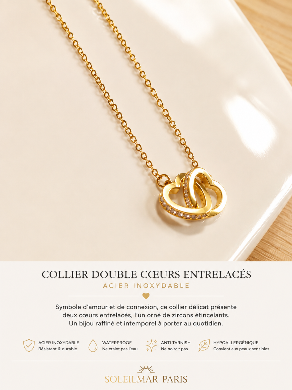 Collier Double Cœur Entrelacé Doré