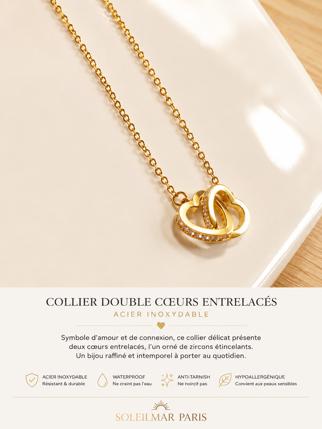 Collier Double Cœur Entrelacé Doré