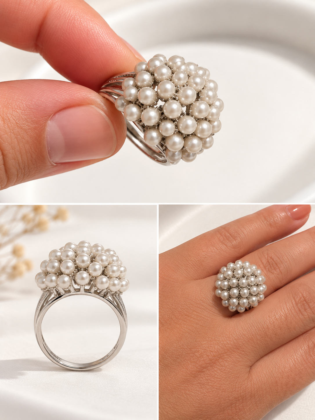 Bague Argentée avec Perles Nacrées pour Femme