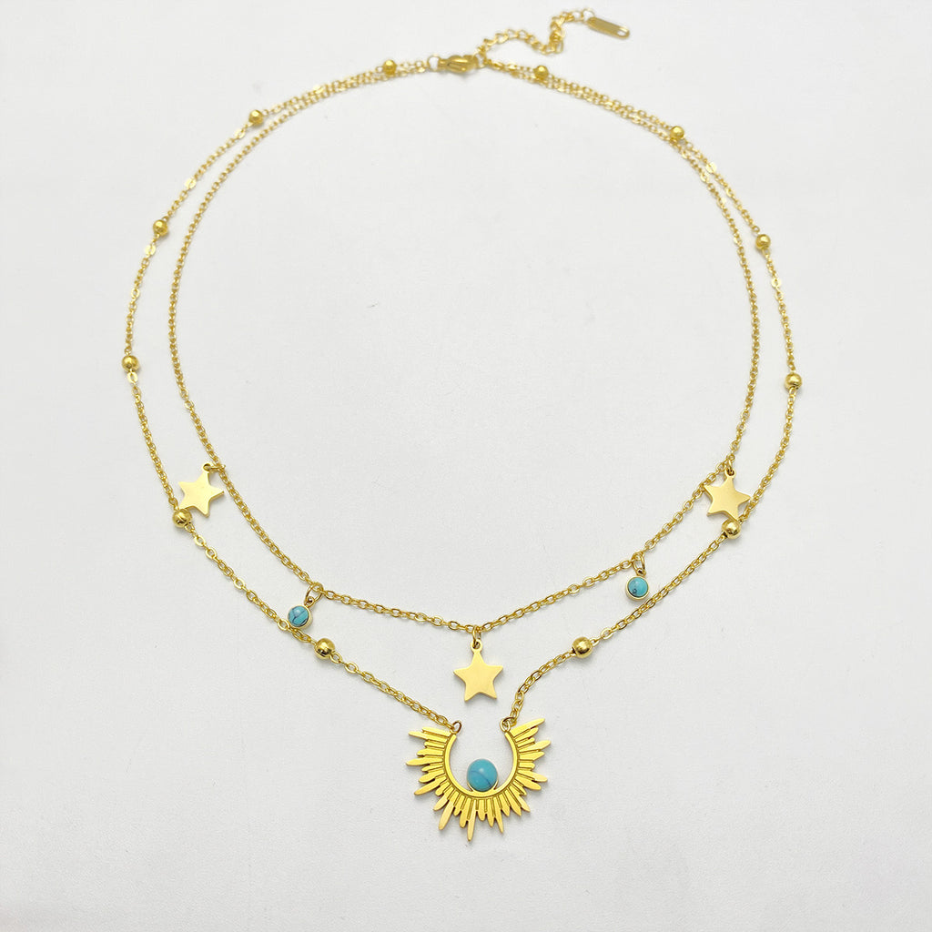 Collier Double Chaîne Soleil & Étoiles Doré