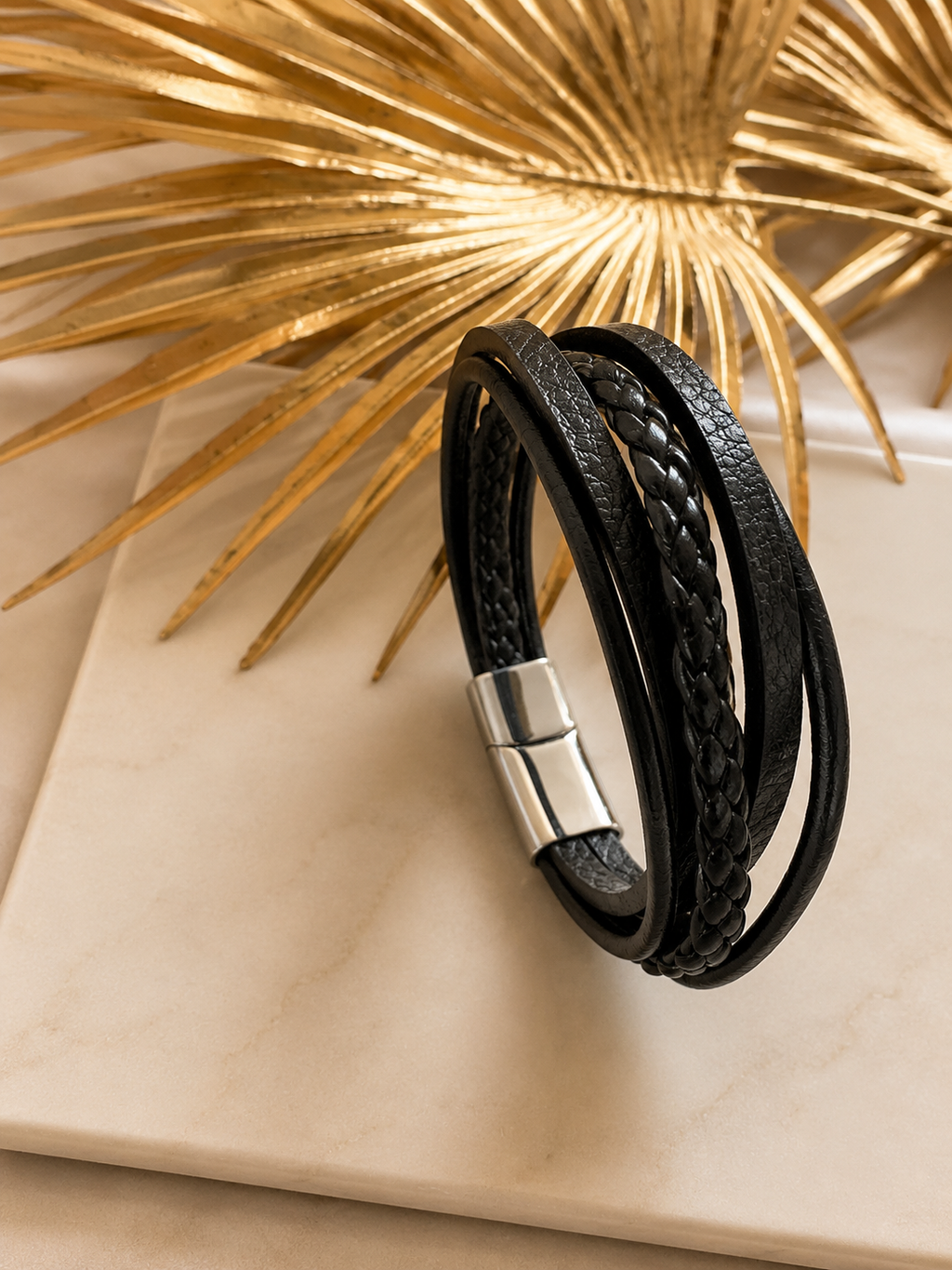 Bracelet souple en cuire 5 brins tressé et acier inoxydable