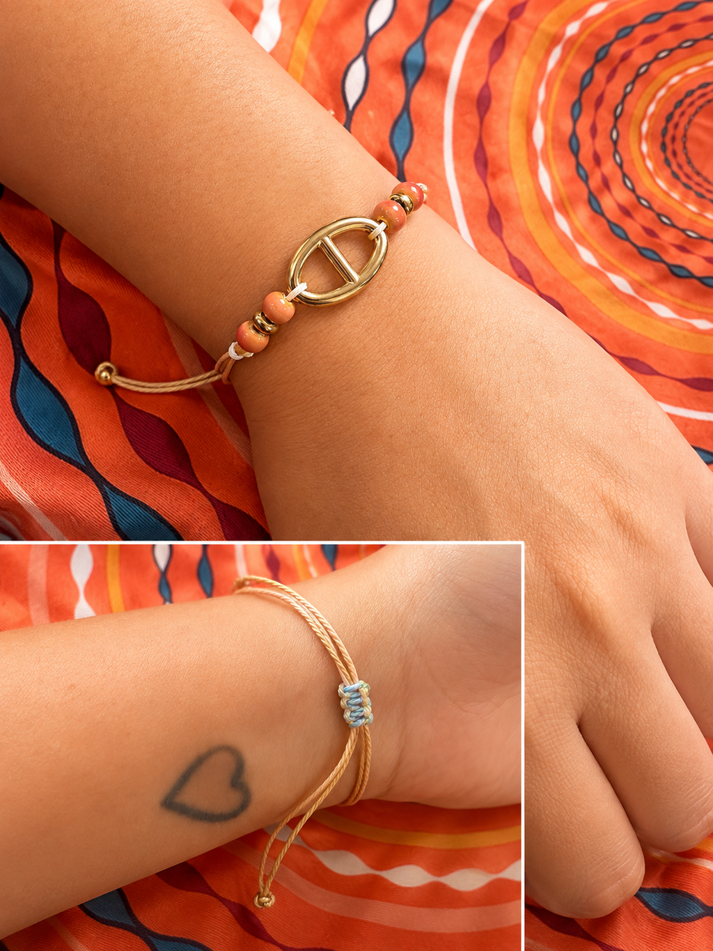 Bracelet Cordon Bohème Perles Corail & Doré