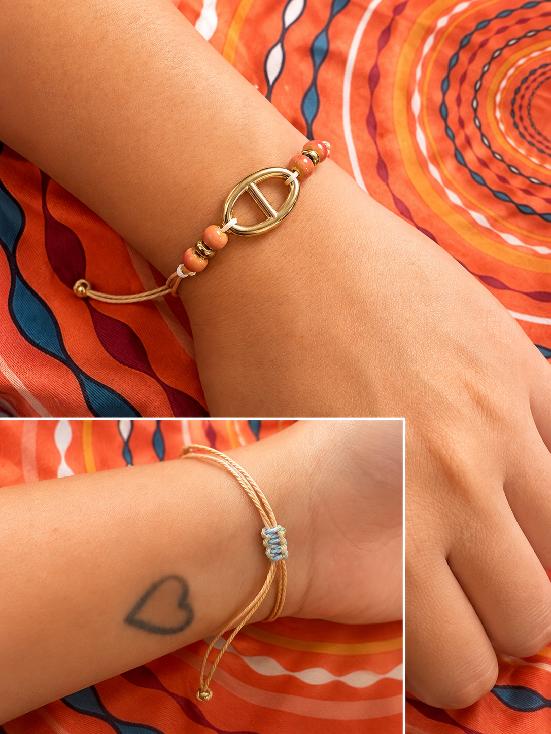 Bracelet Cordon Bohème Perles Corail & Doré