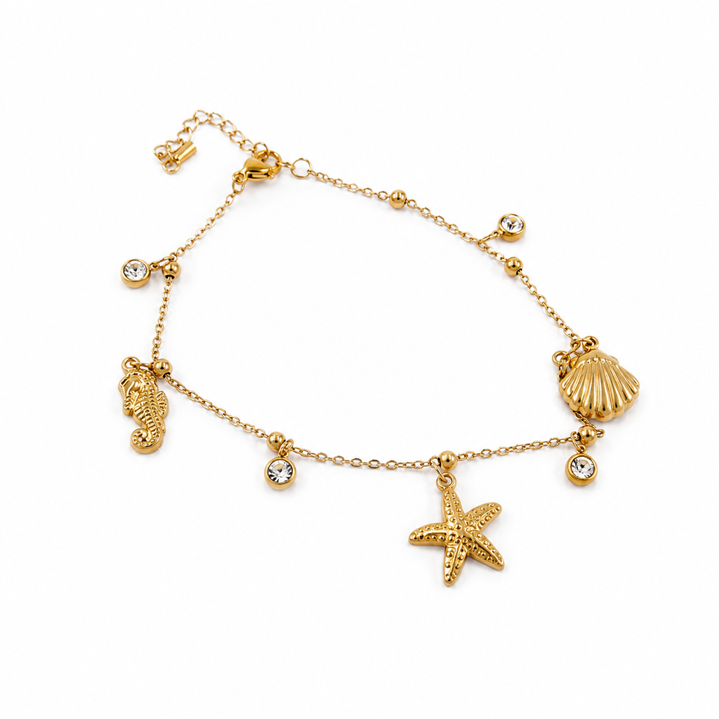 Bracelet de Cheville Étoile de Mer & Coquillage – Acier Inoxydable Doré