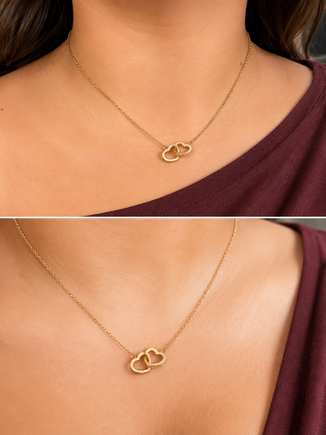 Collier Double Cœur Entrelacé Doré