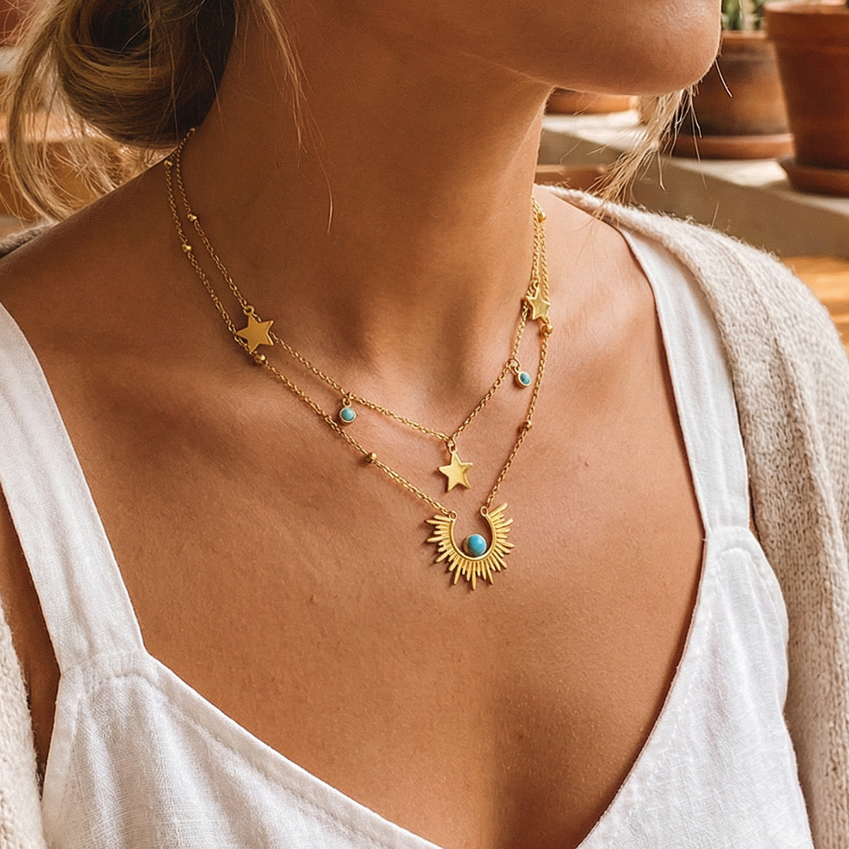 Collier Double Chaîne Soleil & Étoiles Doré