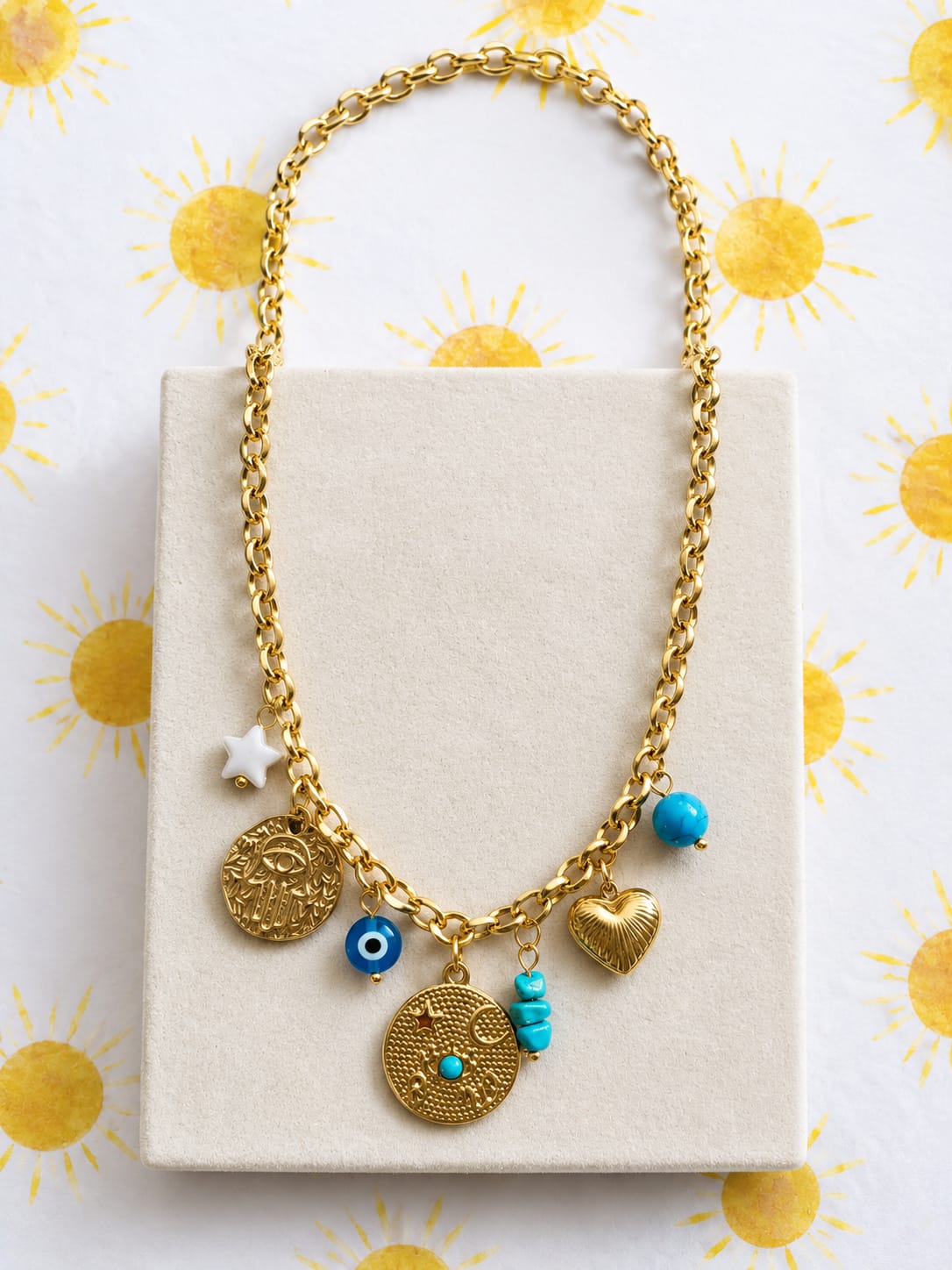 Collier Charms Soleil & Turquoise Doré
