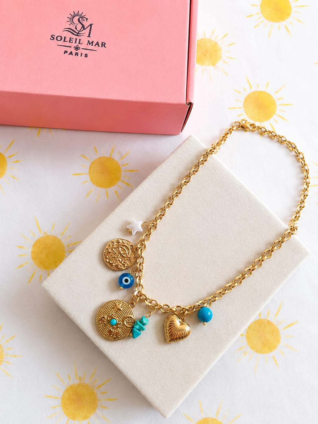 Collier Charms Soleil & Turquoise Doré