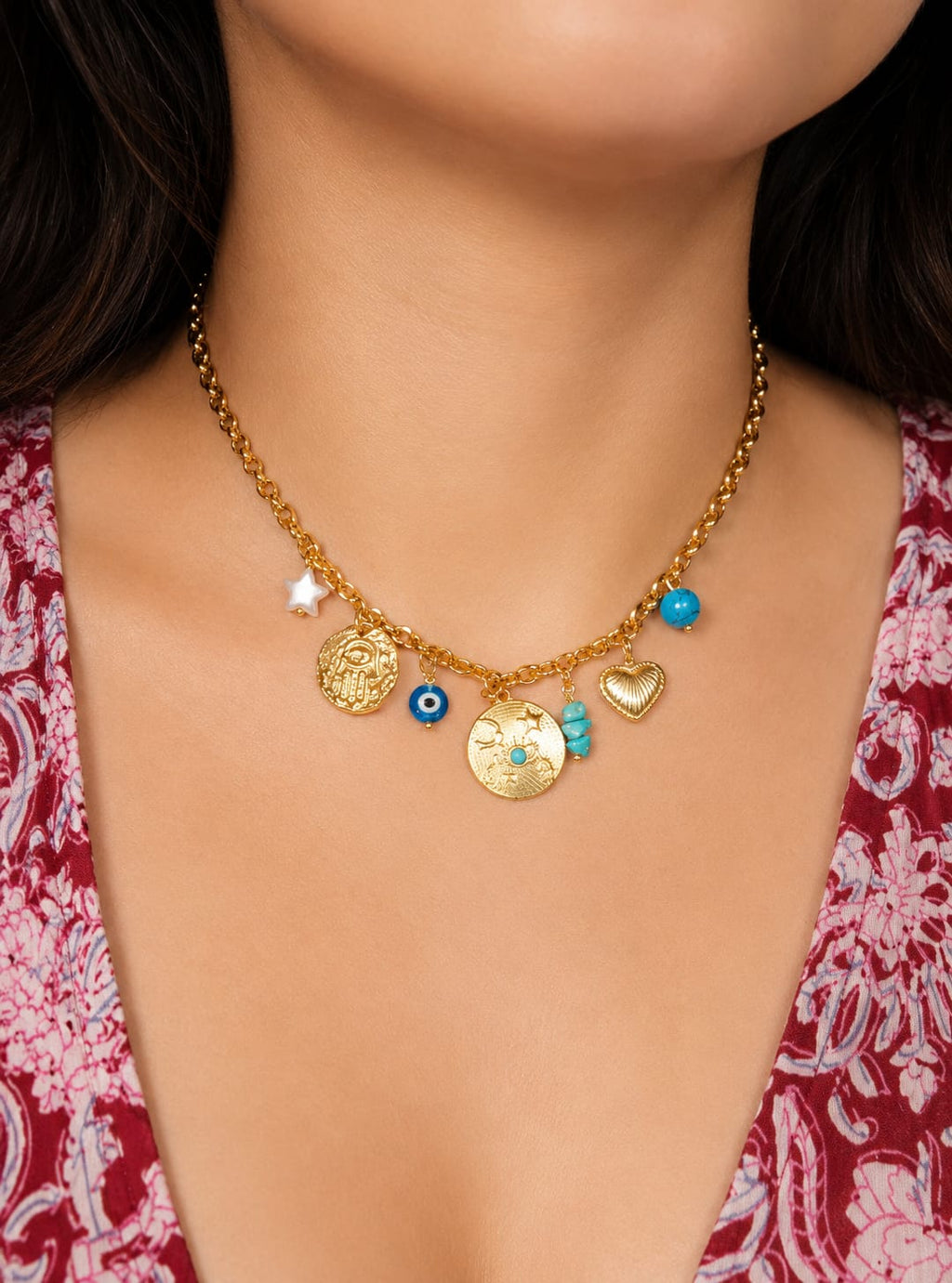 Collier Charms Soleil & Turquoise Doré