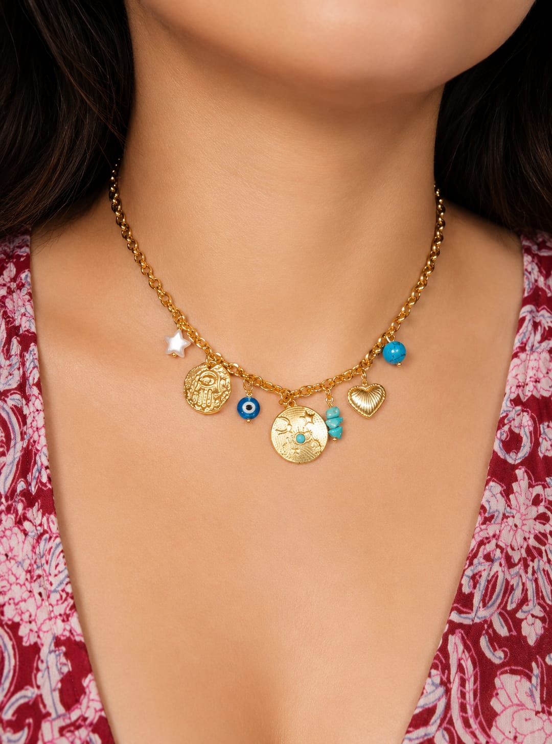 Collier Charms Soleil & Turquoise Doré